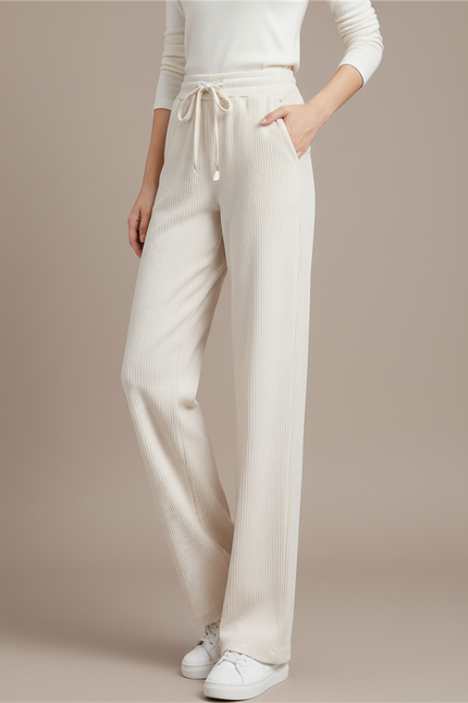 Pantalon Beige Côtelé Ample Décontracté Fluide Femme - Cordé