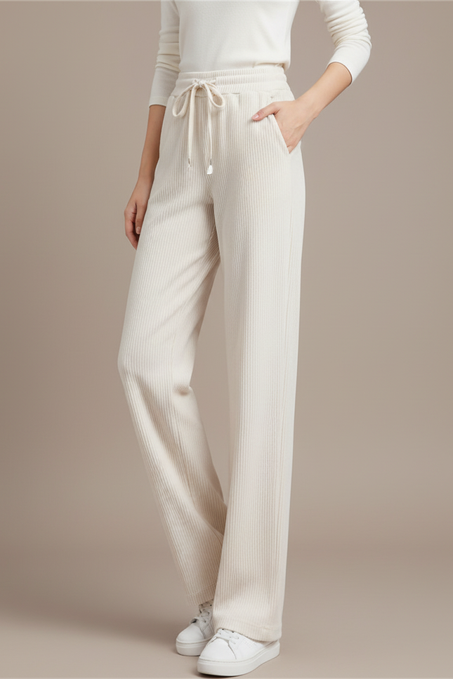 Pantalon Beige Côtelé Ample Décontracté Fluide Femme - Cordé