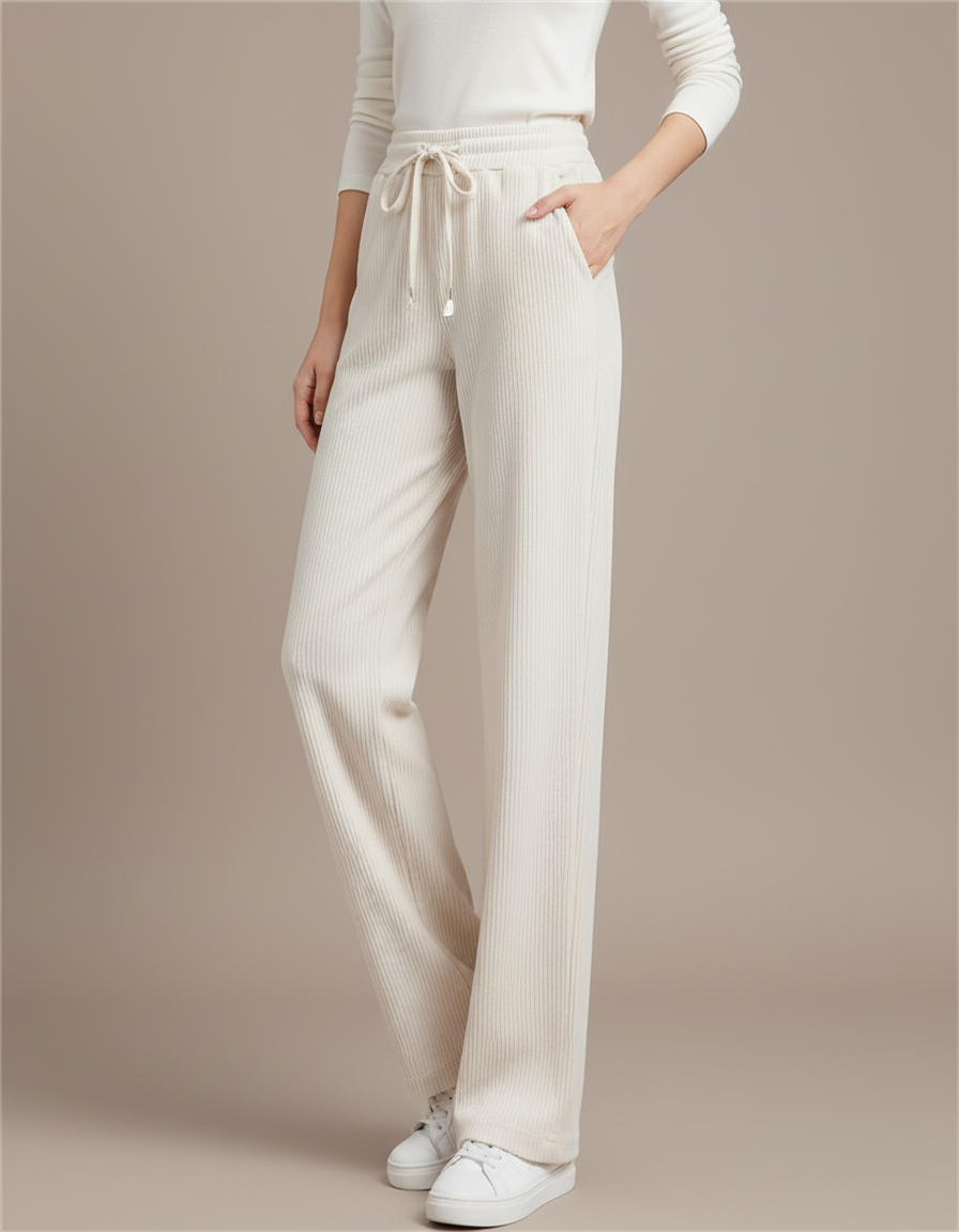 Pantalon Beige Côtelé Ample Décontracté Fluide Femme - Cordé