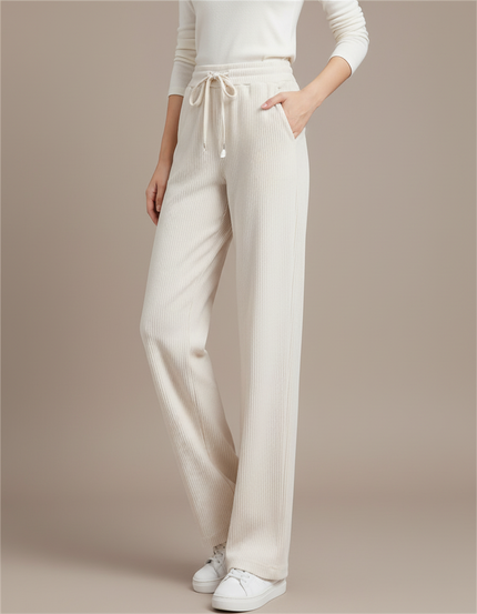 Pantalon Beige Côtelé Ample Décontracté Fluide Femme - Cordé