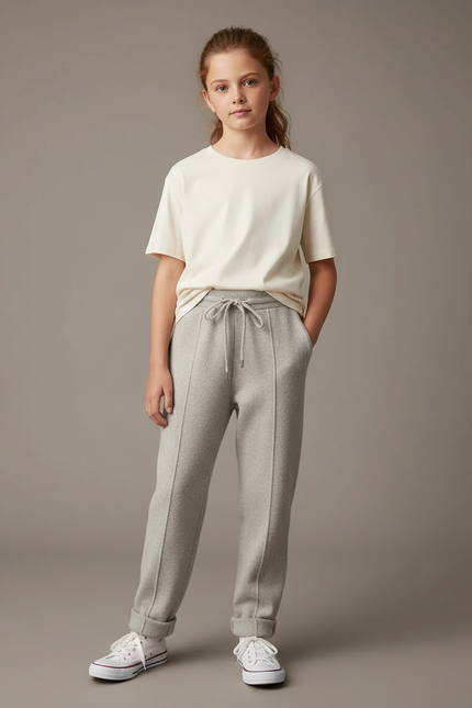 Pantalon Beige Laine Droite Décontracté Cordon - Gris
