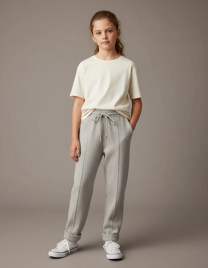 Pantalon Beige Laine Droite Décontracté Cordon - Gris