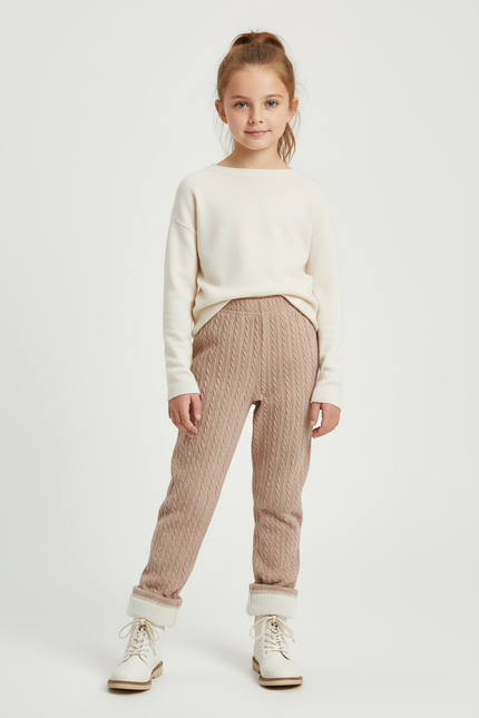 Pantalon Beige Tricoté Torsadé Enfant Chaud Hiver - Maille