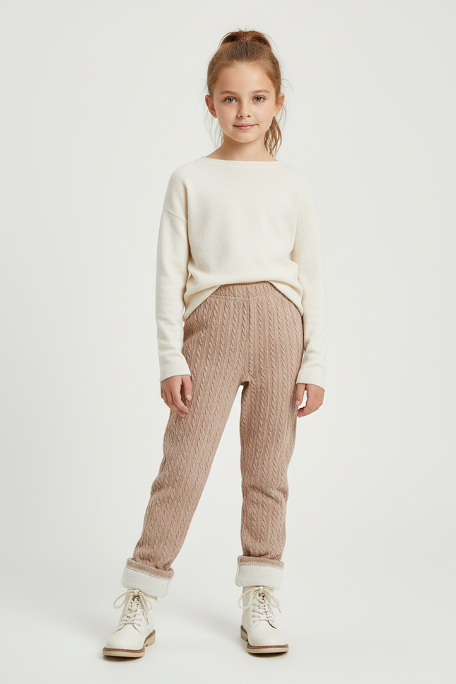 Pantalon Beige Tricoté Torsadé Enfant Chaud Hiver - Maille