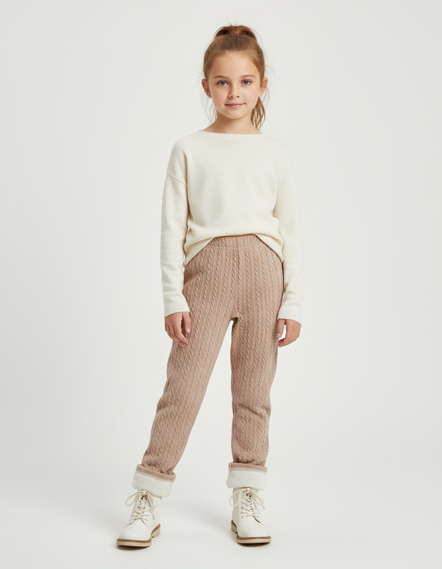 Pantalon Beige Tricoté Torsadé Enfant Chaud Hiver - Maille