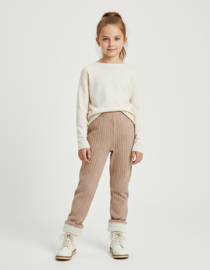Pantalon Beige Tricoté Torsadé Enfant Chaud Hiver - Maille