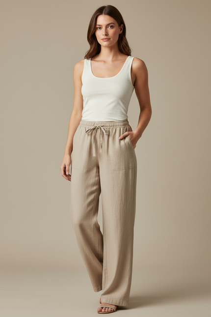 Pantalon Beige Lin Ample Taille Élastique Femme