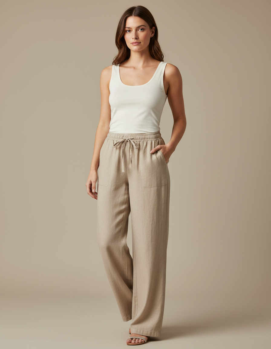 Pantalon Beige Lin Ample Taille Élastique Femme