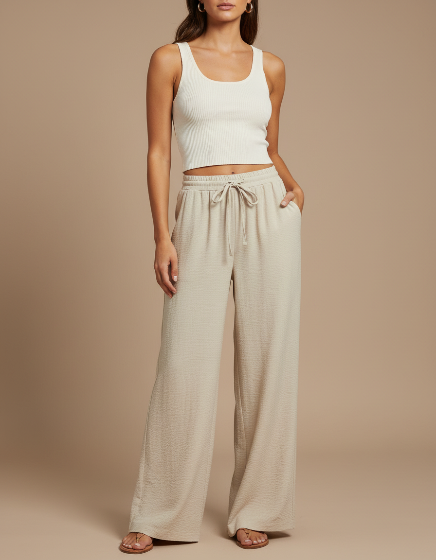 Pantalon Beige Fluide Ample Cordon Décontracté - Viscose