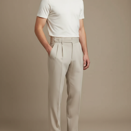Pantalon Beige Plissé Droit Élégant Homme Chic - Gabardine