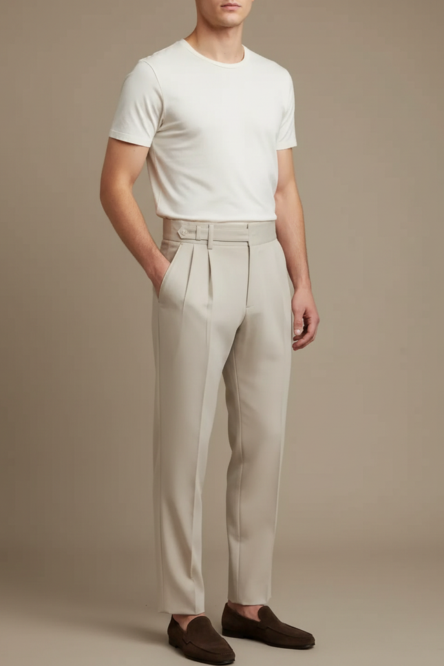 Pantalon Beige Plissé Droit Élégant Homme Chic - Gabardine