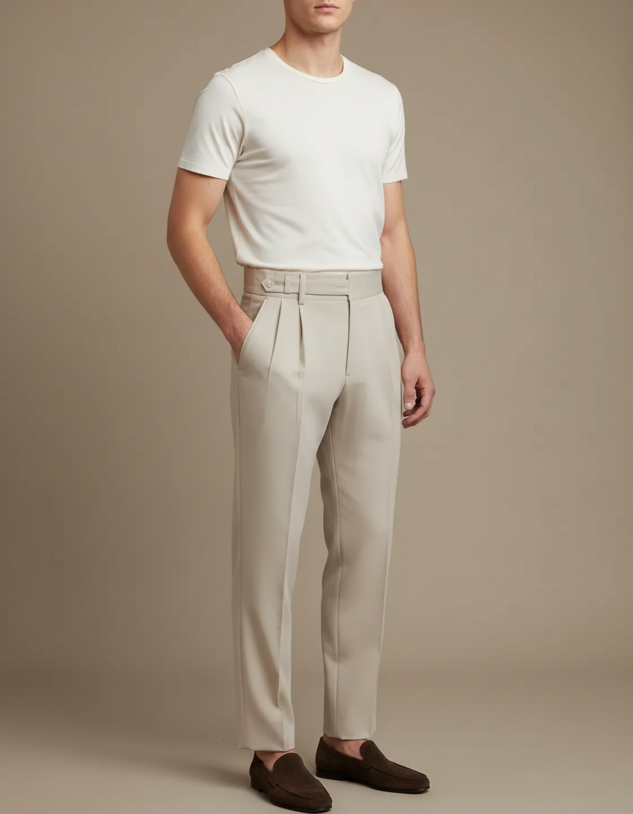 Pantalon Beige Plissé Droit Élégant Homme Chic - Gabardine
