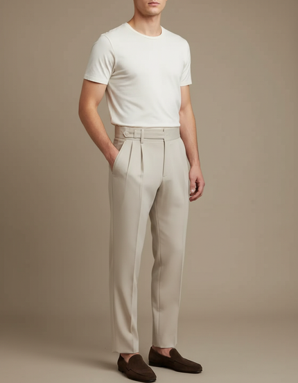 Pantalon Beige Plissé Droit Élégant Homme Chic - Gabardine