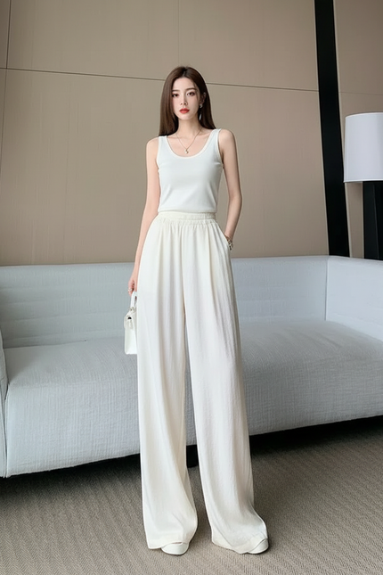 Pantalon Beige Ample Fluide Taille Haute - Lin