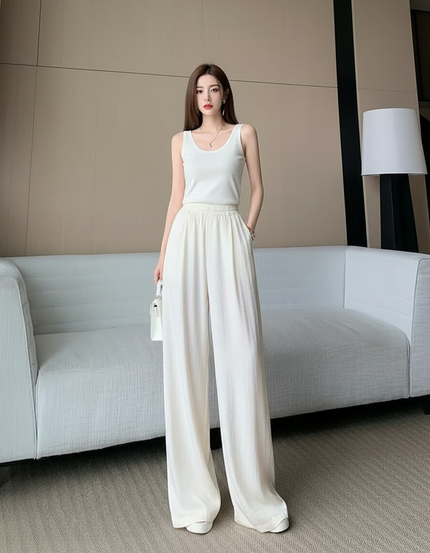 Pantalon Beige Ample Fluide Taille Haute - Lin