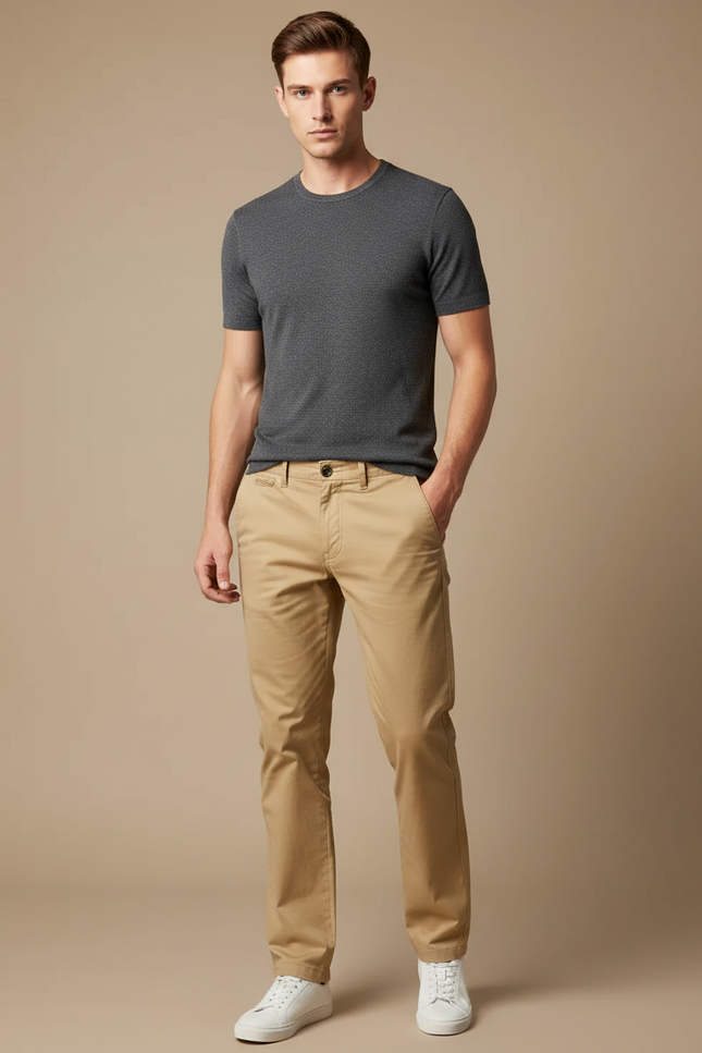 Pantalon Beige Homme Coton Slim Décontracté Élégant
