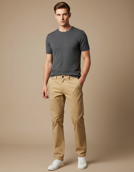 Pantalon Beige Homme Coton Slim Décontracté Élégant