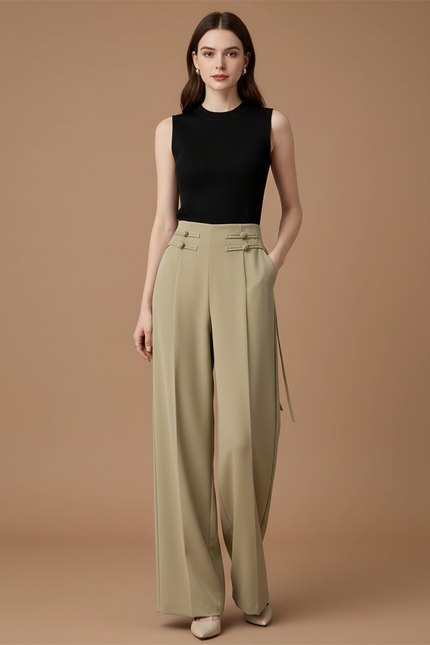 Pantalon Beige Large Taille Haute Fluide Élégant - Kaki Viscose