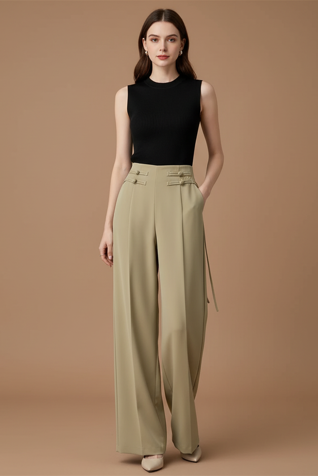 Pantalon Beige Large Taille Haute Fluide Élégant - Kaki Viscose