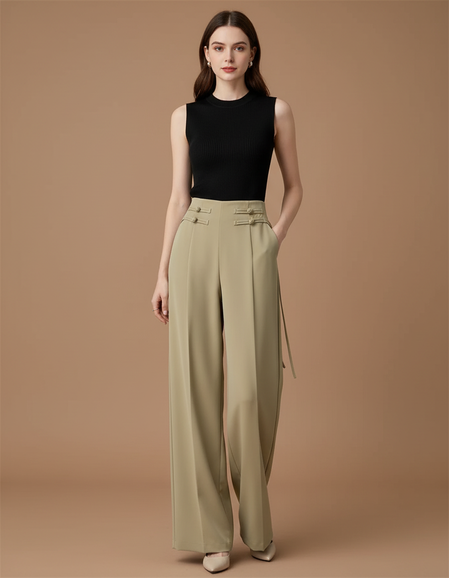 Pantalon Beige Large Taille Haute Fluide Élégant - Kaki Viscose