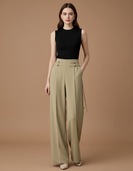 Pantalon Beige Large Taille Haute Fluide Élégant - Kaki Viscose