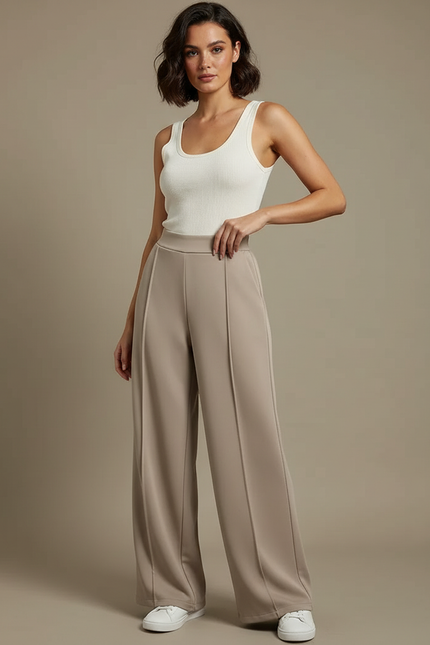 Pantalon Beige Ample Fluide Élégant Femme - Polyester