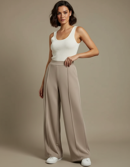 Pantalon Beige Ample Fluide Élégant Femme - Polyester