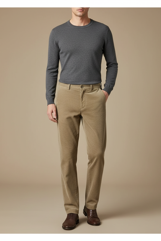Pantalon Beige Côtelé Droit Homme Décontracté Classique - Cordé