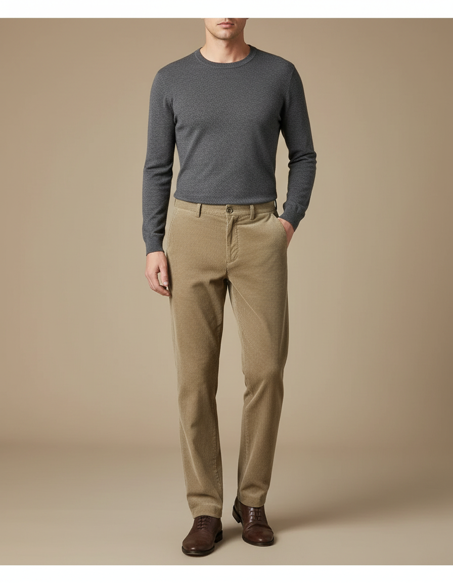 Pantalon Beige Côtelé Droit Homme Décontracté Classique - Cordé