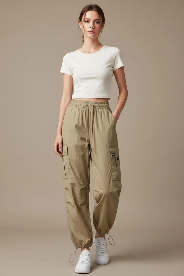 Pantalon Beige Cargo Ample Sport Femme - Kaki Polyester
