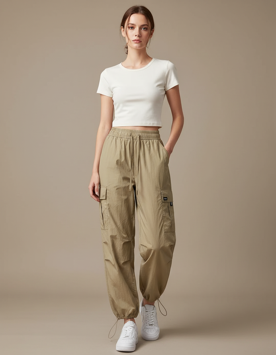 Pantalon Beige Cargo Ample Sport Femme - Kaki Polyester