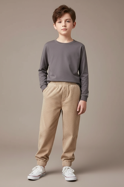 Pantalon Beige Côtelé Élastiqué Garçon Décontracté Hiver - Cordé