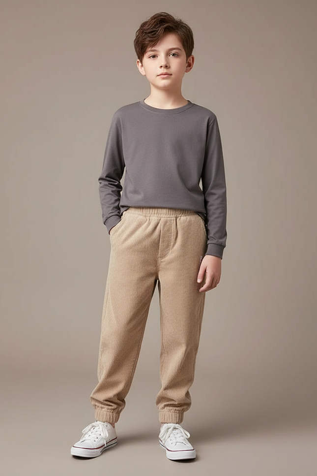 Pantalon Beige Côtelé Élastiqué Garçon Décontracté Hiver - Cordé