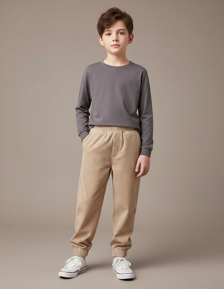 Pantalon Beige Côtelé Élastiqué Garçon Décontracté Hiver - Cordé