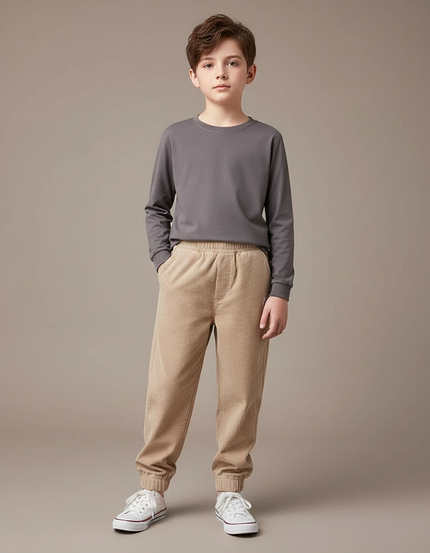 Pantalon Beige Côtelé Élastiqué Garçon Décontracté Hiver - Cordé