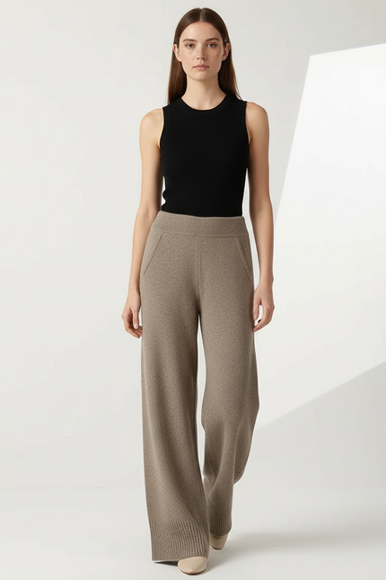 Pantalon Beige Laine Mérinos Tricoté Large Doux Élastique