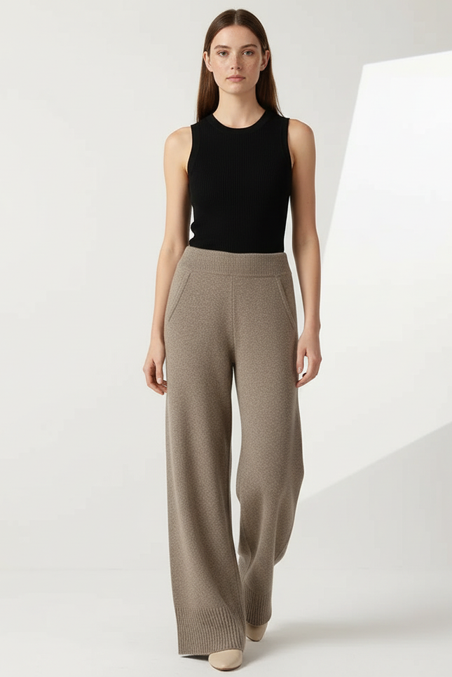 Pantalon Beige Laine Mérinos Tricoté Large Doux Élastique