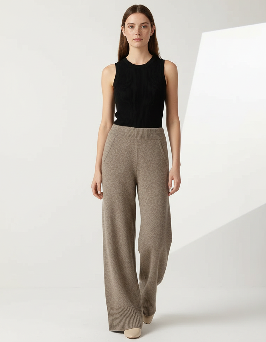Pantalon Beige Laine Mérinos Tricoté Large Doux Élastique