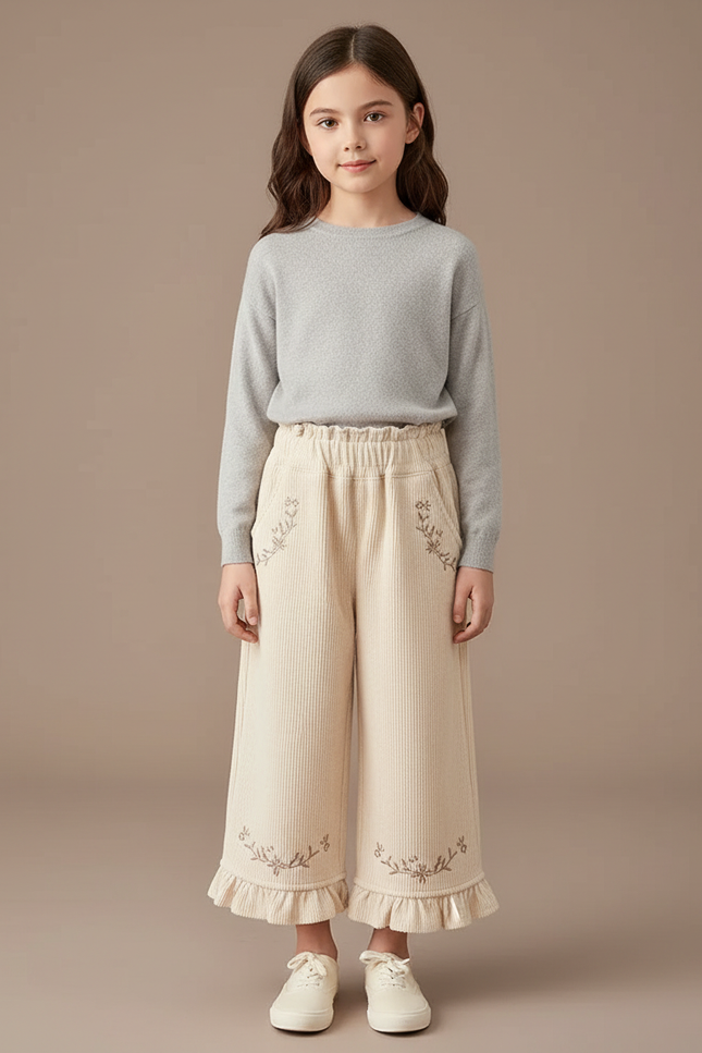 Pantalon Beige Côtelé Brodé Volants Ample Fille - Cordé