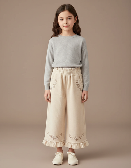 Pantalon Beige Côtelé Brodé Volants Ample Fille - Cordé