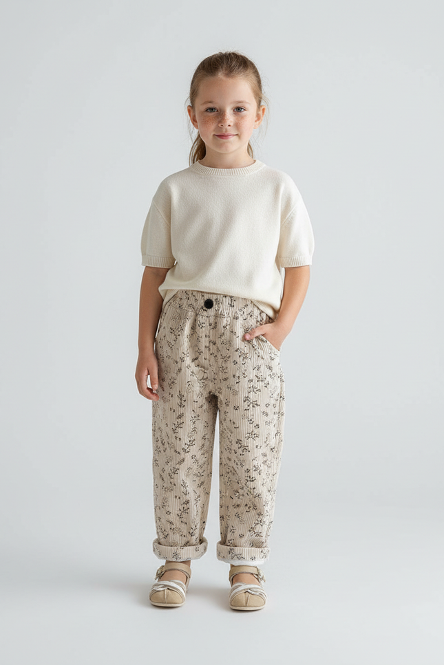 Pantalon Beige Côtelé Fleuri Ample Confortable Enfant - Cordé