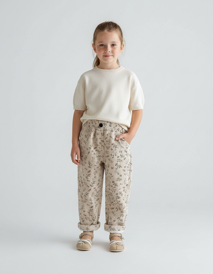 Pantalon Beige Côtelé Fleuri Ample Confortable Enfant - Cordé