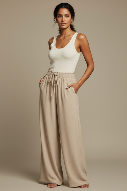 Pantalon Beige Fluide Ample Taille Haute Cordon Décontracté - Polyester