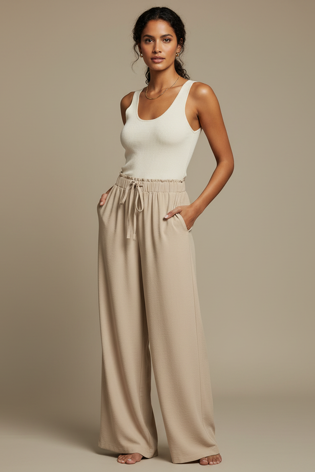 Pantalon Beige Fluide Ample Taille Haute Cordon Décontracté - Polyester