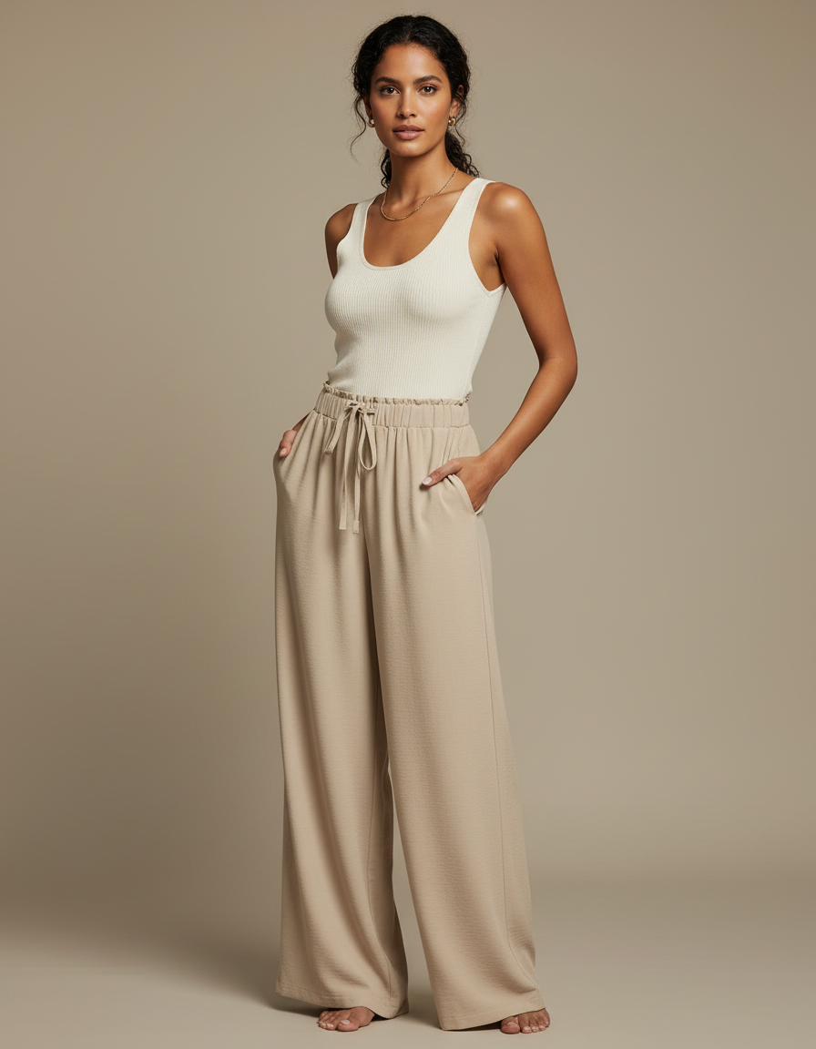 Pantalon Beige Fluide Ample Taille Haute Cordon Décontracté - Polyester