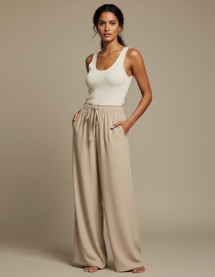 Pantalon Beige Fluide Ample Taille Haute Cordon Décontracté - Polyester