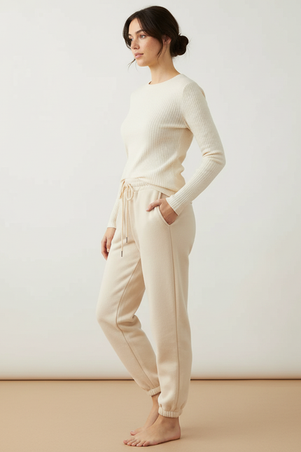 Pantalon Beige Molletonné Cordon Décontracté Confortable