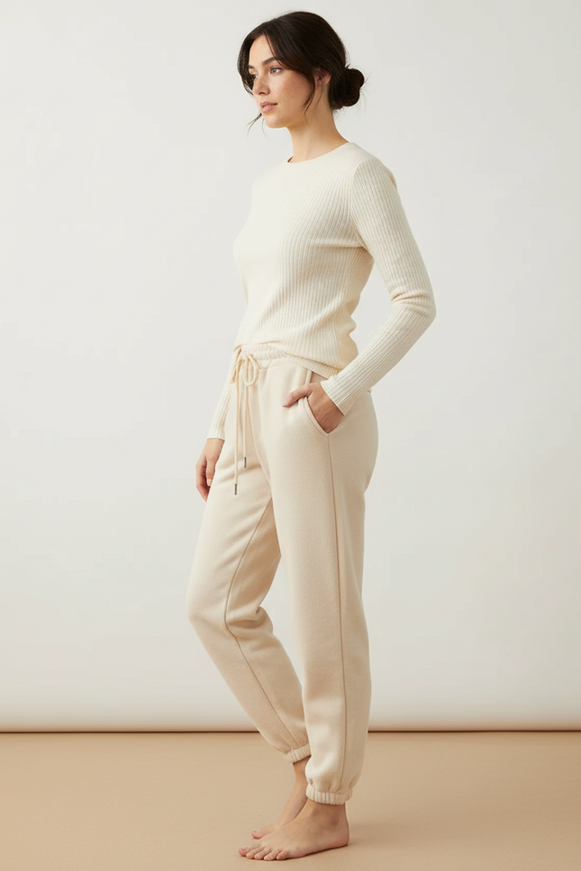 Pantalon Beige Molletonné Cordon Décontracté Confortable