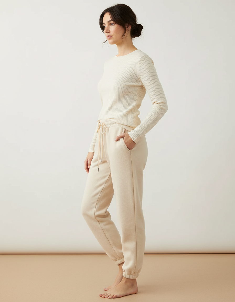 Pantalon Beige Molletonné Cordon Décontracté Confortable