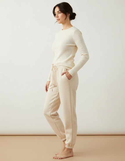 Pantalon Beige Molletonné Cordon Décontracté Confortable